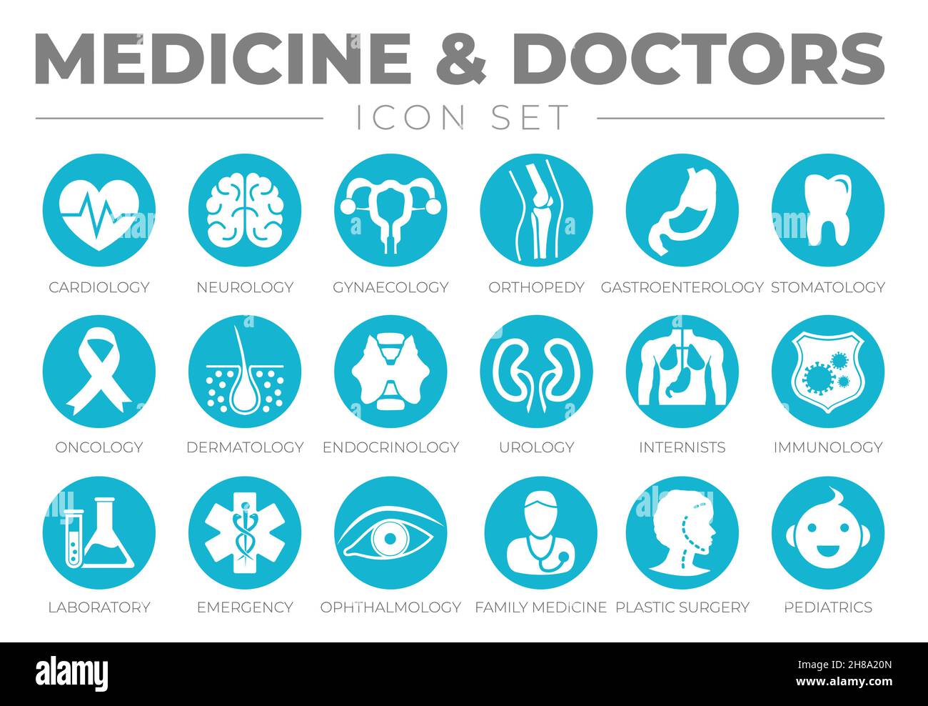 Round Medicine and Healthcare Icon Set of Cardiology, Neurology, Gynecology, Orthopedy, Gastroenterology, Stomatology,Oncology, Dermatology, Urology, Stock Vector