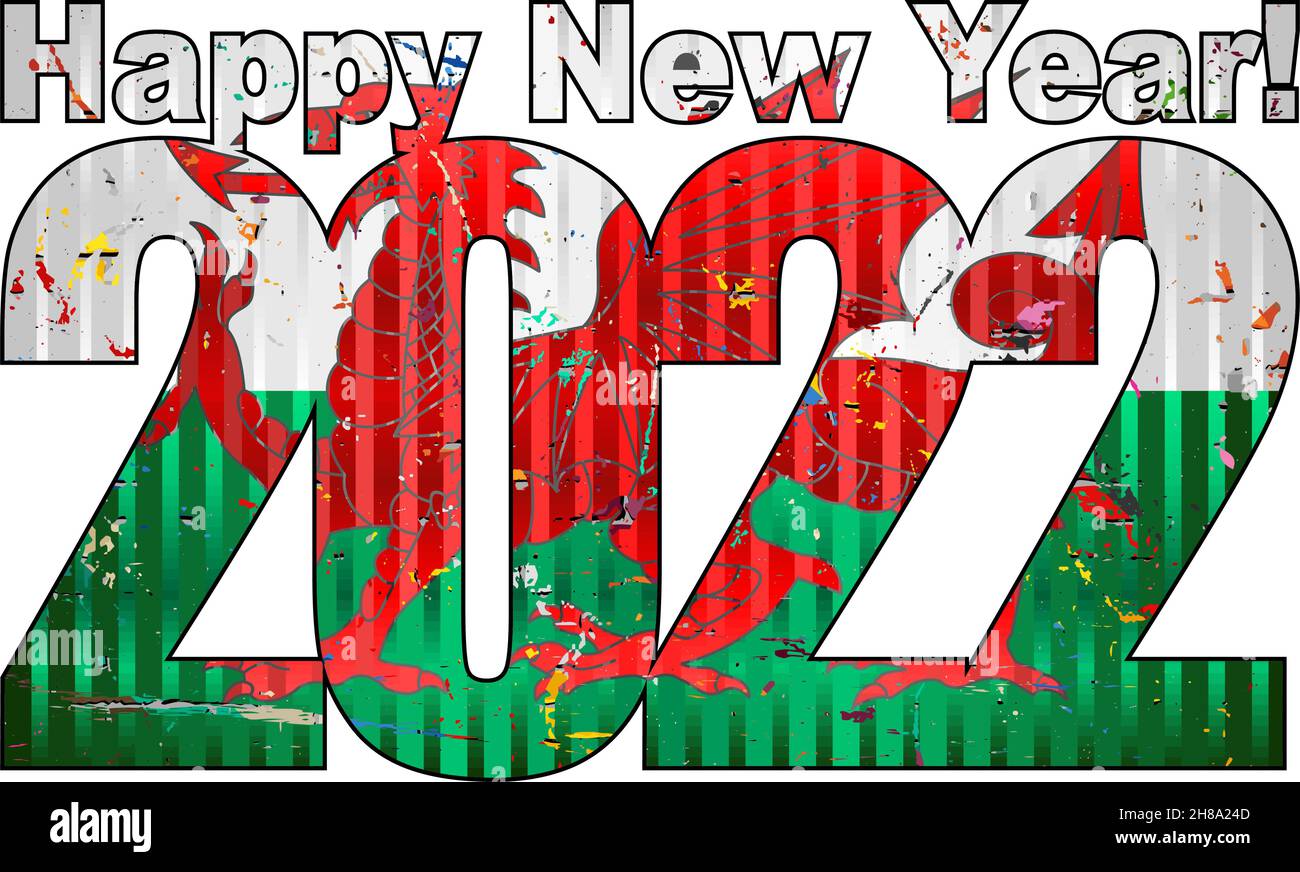Happy New Year 2022 with Wales flag inside - Illustration, 2022 HAPPY NEW YEAR NUMERALS,  2022 Wales Flag Numbers Stock Vector