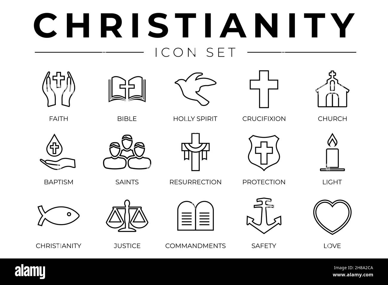 Christianity Outline Icon Set with Faith, Bible, Crucifixion , Baptism, Church, Resurrection, Holy Spirit, Saints, Commandments,Light, Protection, Jus Stock Vector