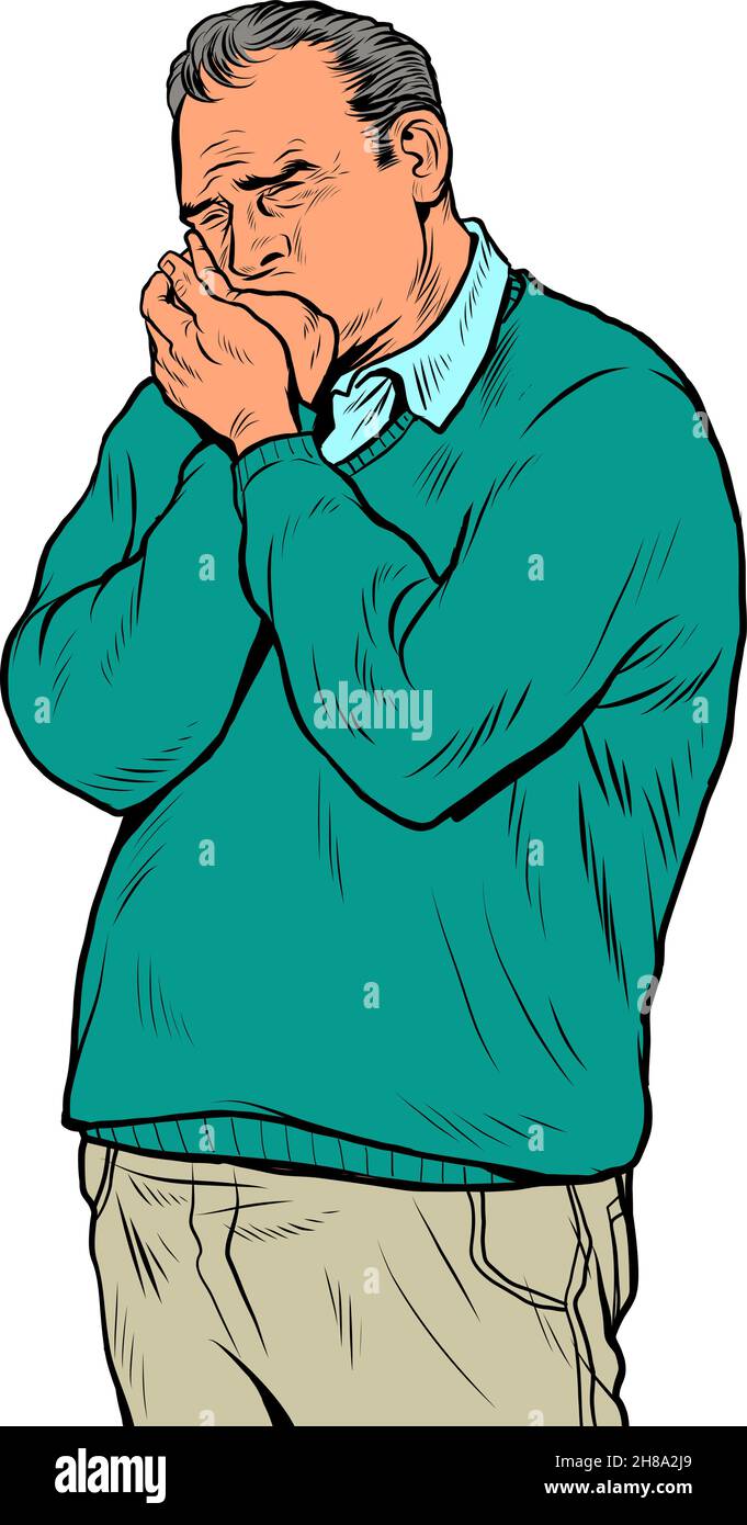 an elderly man toothache, aching pain in the teeth and jaw. Caries