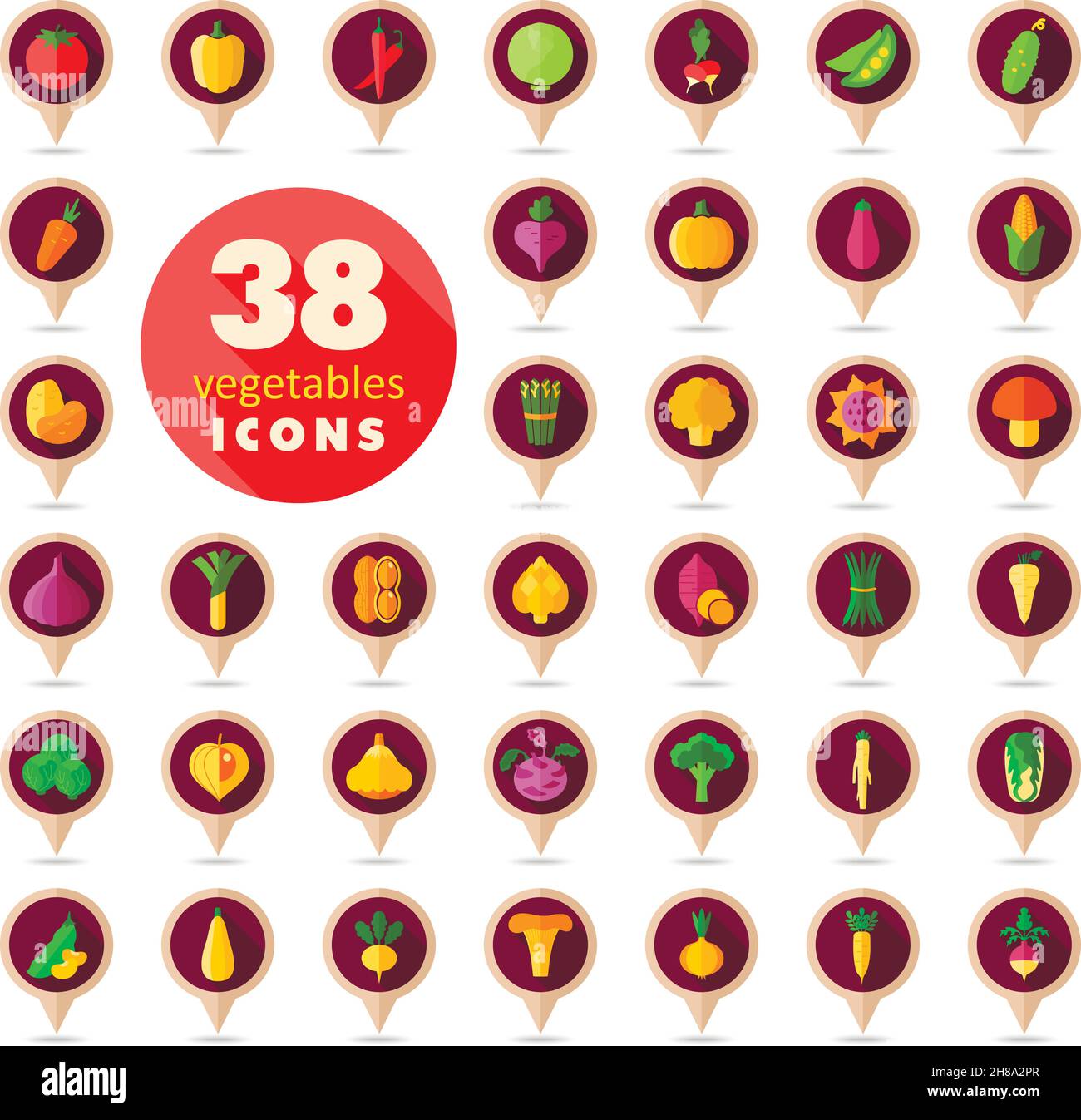 Vegetables flat retro vector pin map icons set. Map pointer. Map markers. Vector illustration eps 10 Stock Vector