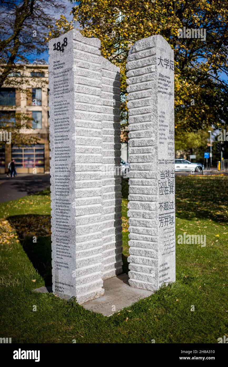 Football Rules Monument Parkers Piece Cambridge - sculpture celebrating modern football rules Cambridge Rules 1848 Artists Alan Ward and Neville Gabie Stock Photo