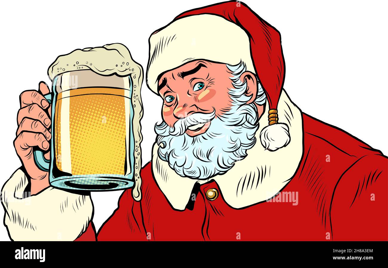 Santa Claus with a beer mug. Pub or bar, a fun party. Christmas and New Year, winter seasonal holiday in December Stock Vector