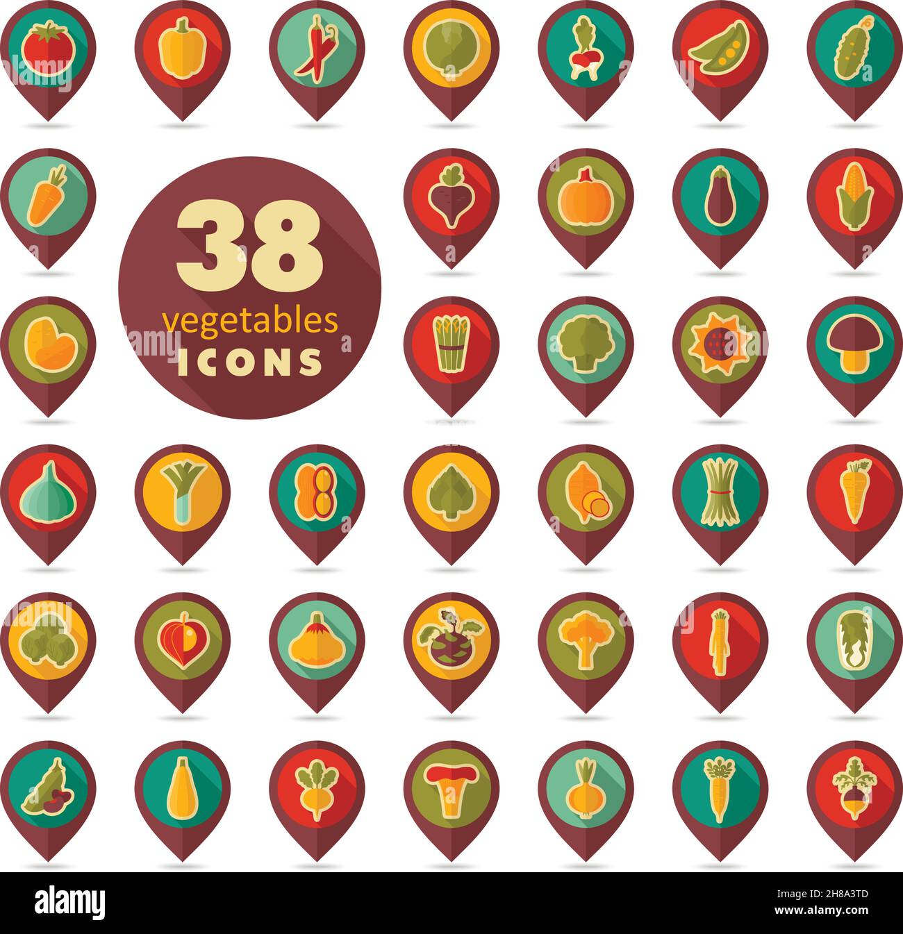 Vegetables flat retro vector pin map icons set. Map pointer. Map markers. Vector illustration eps 10 Stock Vector
