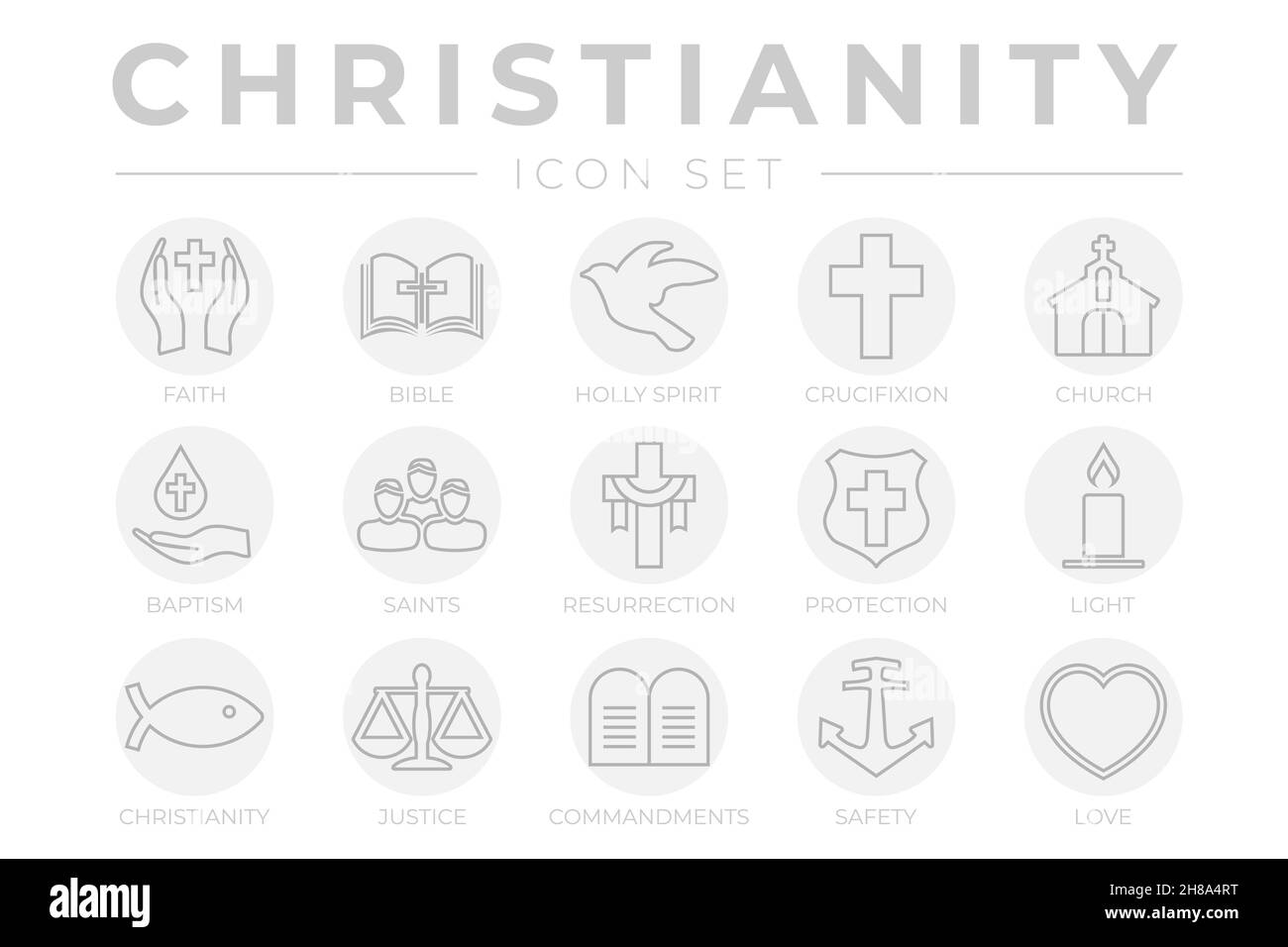 Round Gray Outline Christianity Icon Set with Faith, Bible, Crucifixion , Baptism, Church, Resurrection, Holy Spirit, Saints, Commandments,Light, Prot Stock Vector