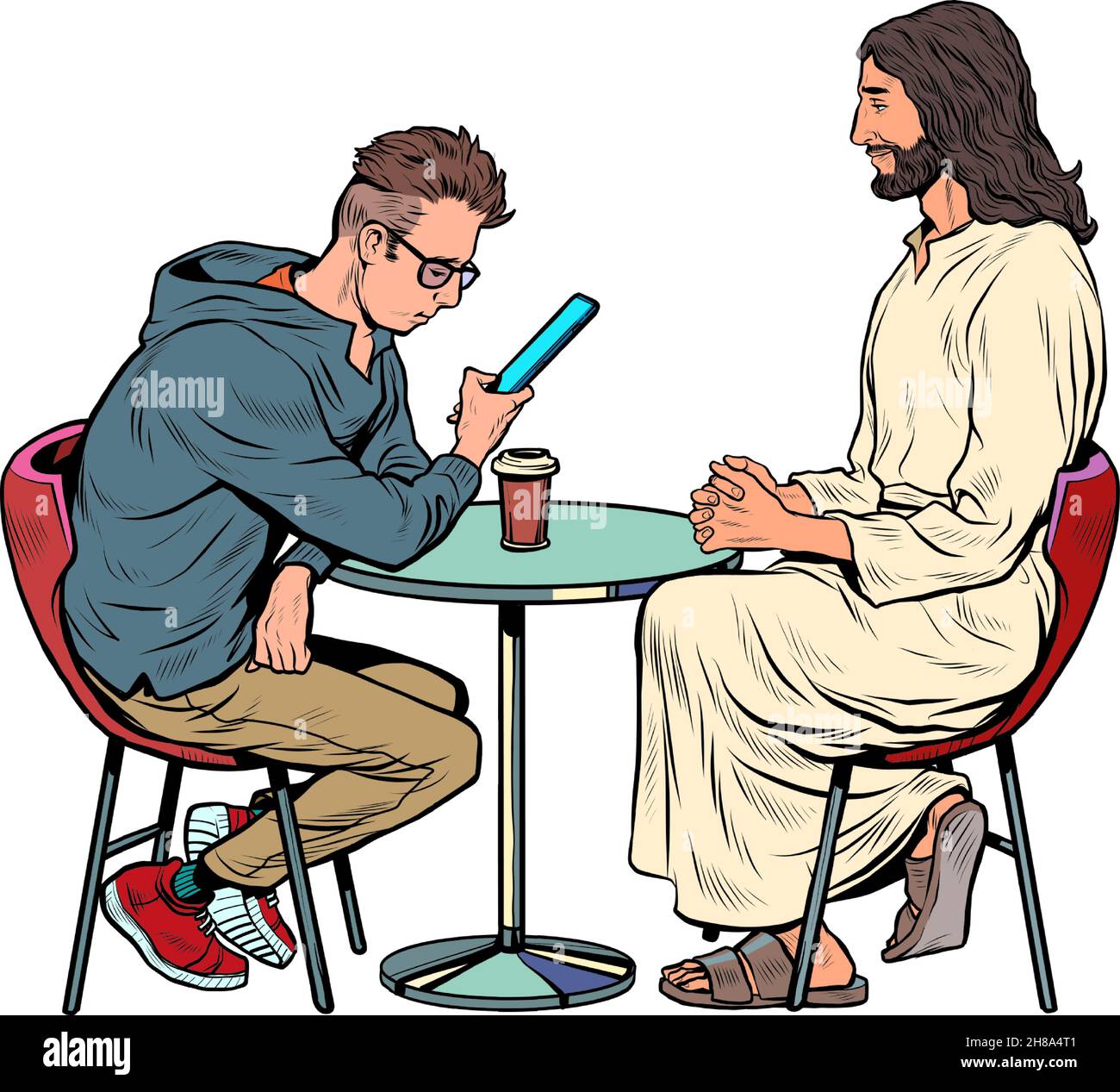Jesus is waiting for you, savior and busy man at the table. Christianity and religion, preaching and faith Stock Vector