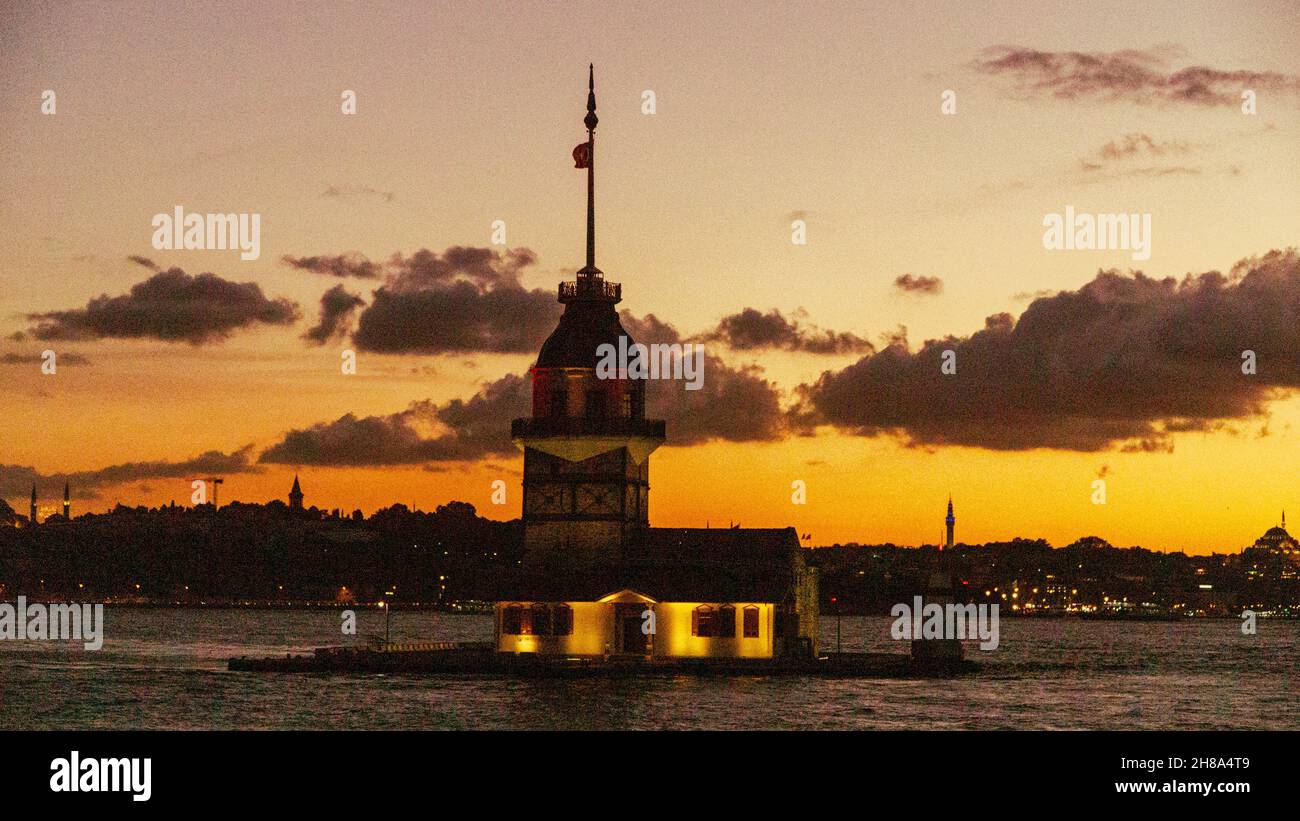 Spending time your evening near Maiden's Tower would make you relax. tourists and locals usually spend their time here with family and the loved ones. Stock Photo
