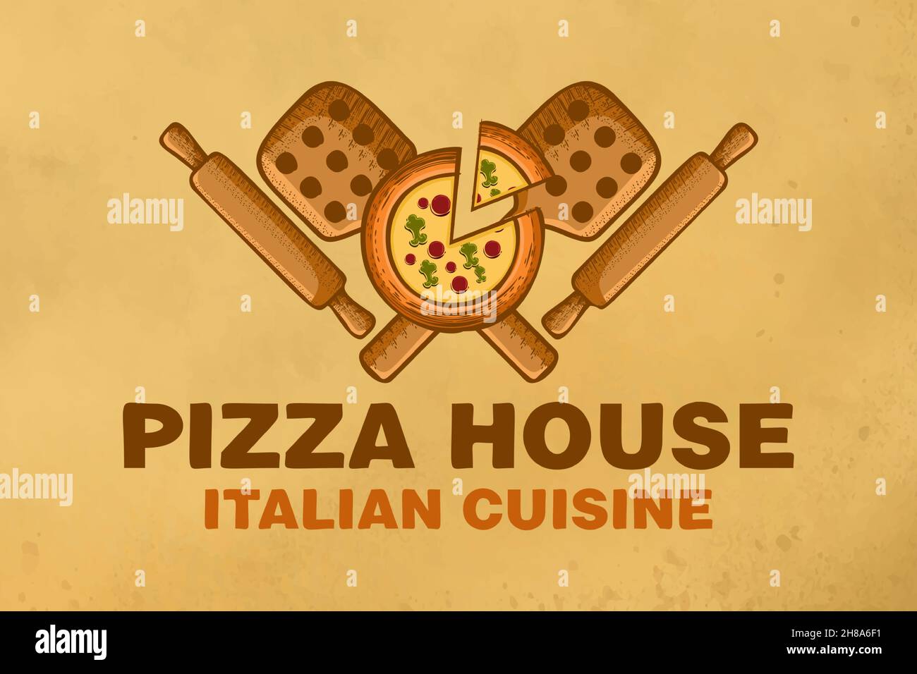 pizza house with wooden pizza peel and rolling pin logo design
