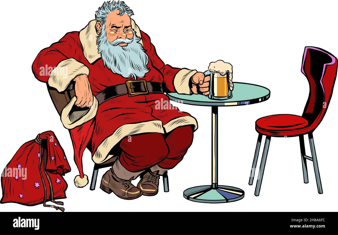 Santa Claus drinks beer at the bar, Christmas holiday after work Stock Vector