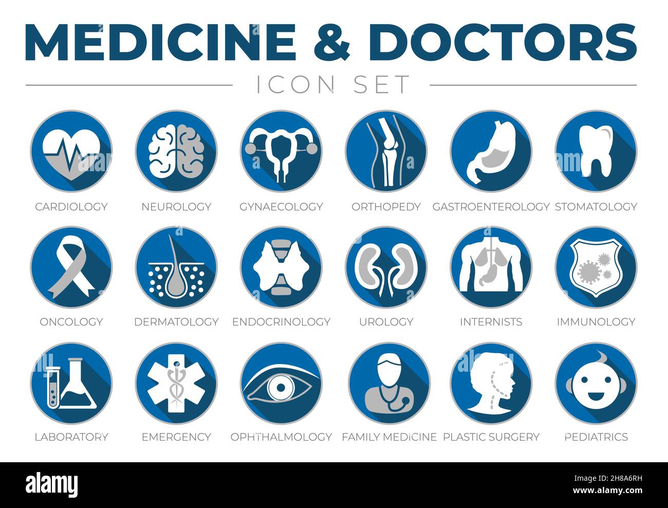 Icon Set of Cardiology, Neurology, Gynecology, Orthopedy, Gastroenterology, Stomatology,Oncology, Dermatology, Urology, Internists, Immunology, Labora Stock Vector