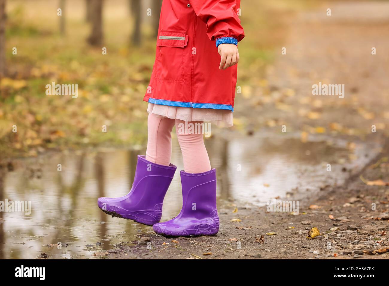 Little girl in rubber boots near puddle in autumn park Stock Photo - Alamy