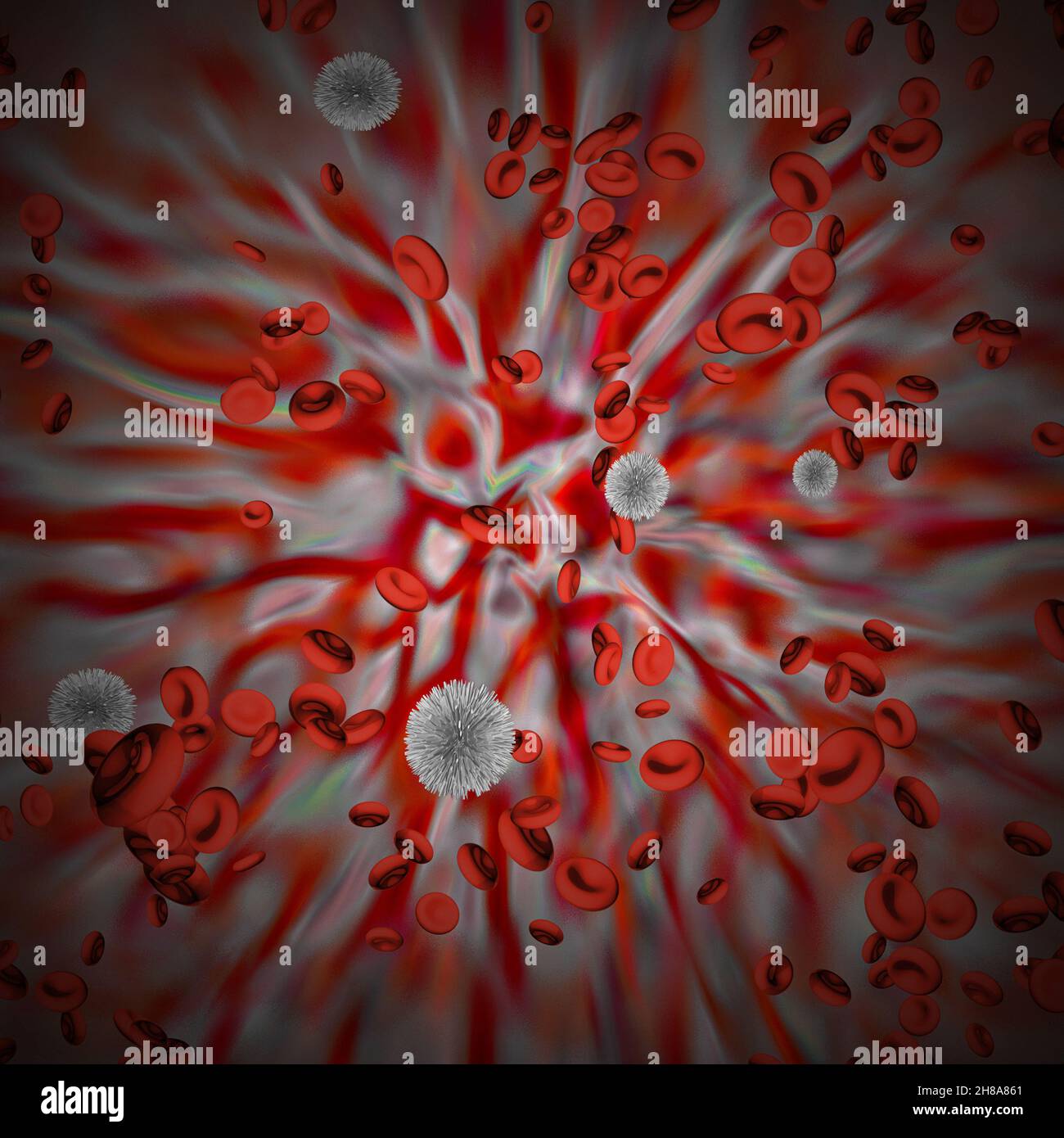 Red Blood cells with virus cells. 3D rendering Stock Photo