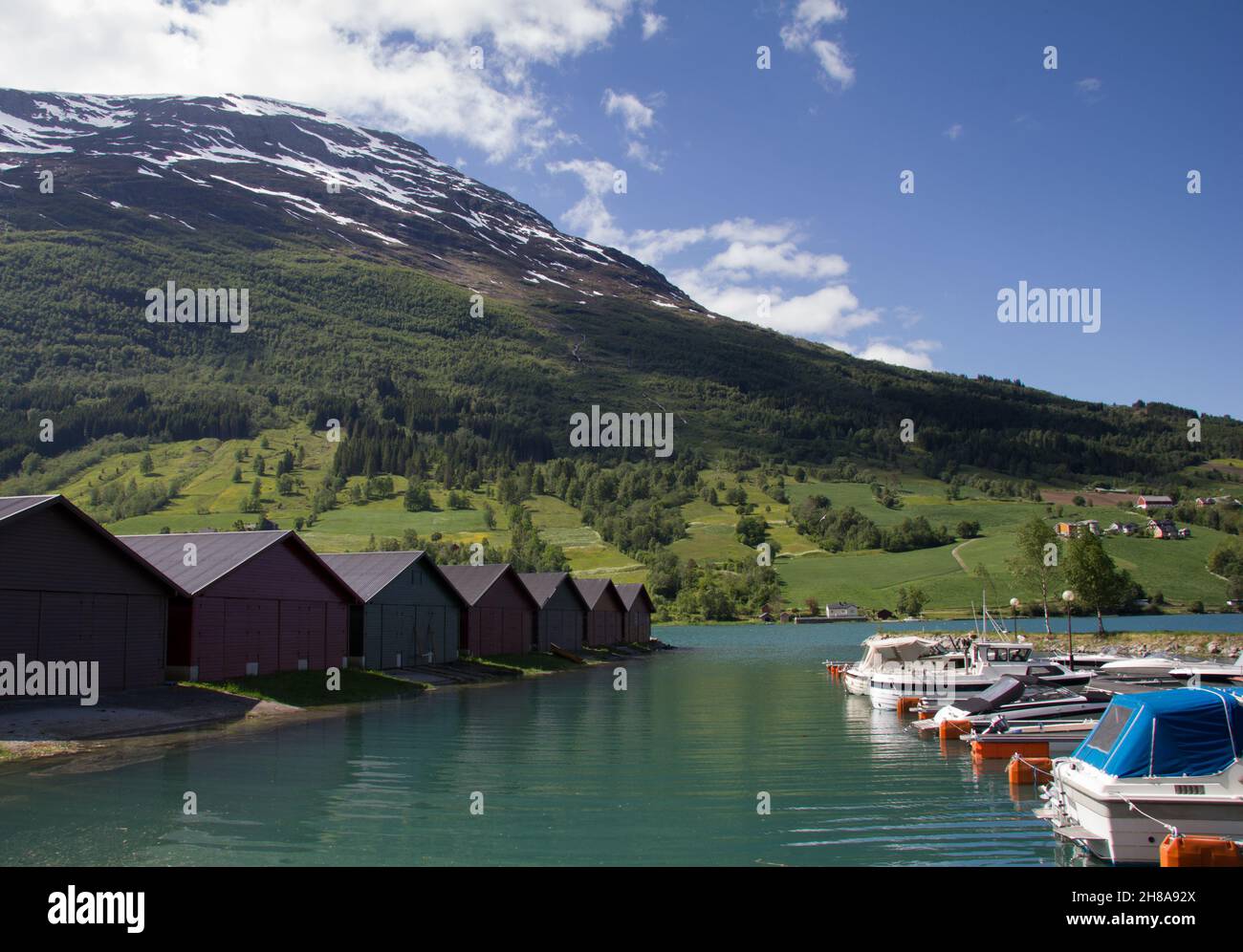 Small marina at the village of Olden, Norway.  Sogn og Fjordane county. Sogn og Fjordane county. Stock Photo