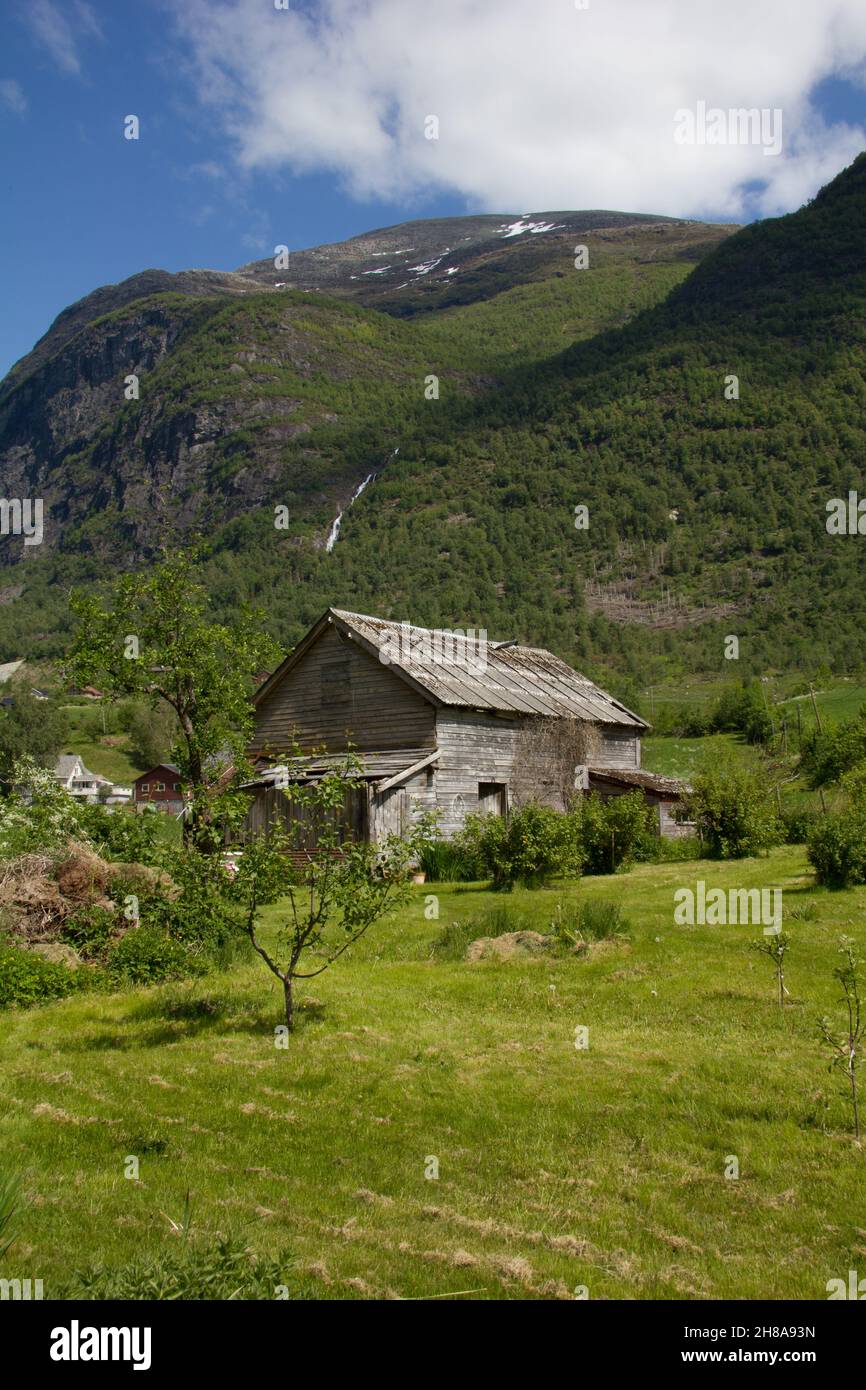 Wooden barn structure in the Oldedalen near Olden, Norway.  Sogn og Fjordane county. Stock Photo