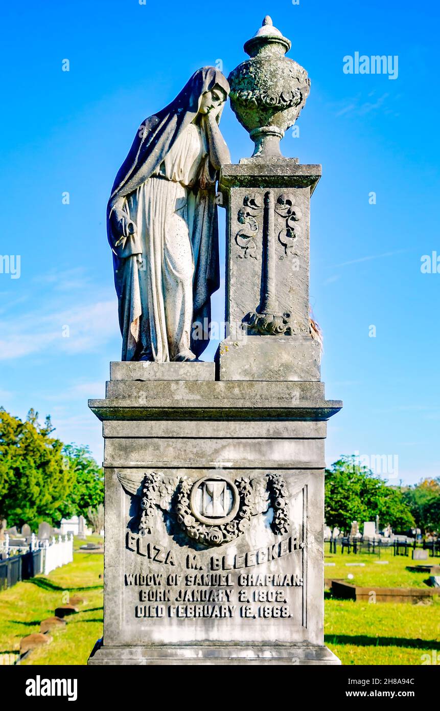 A headstone is pictured in detail at Magnolia Cemetery, Nov. 26, 2021, in Mobile, Alabama. The 120-acre cemetery contains more than 80,000 graves. Stock Photo