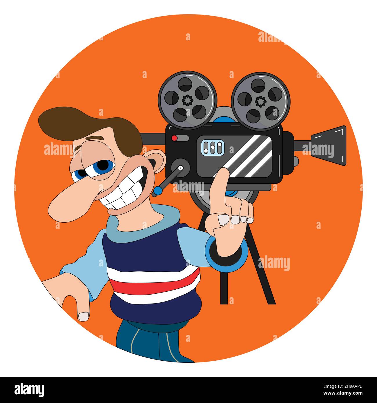 Man with a cheeky smile and big nose pointing at film camera round sticker label Stock Vector