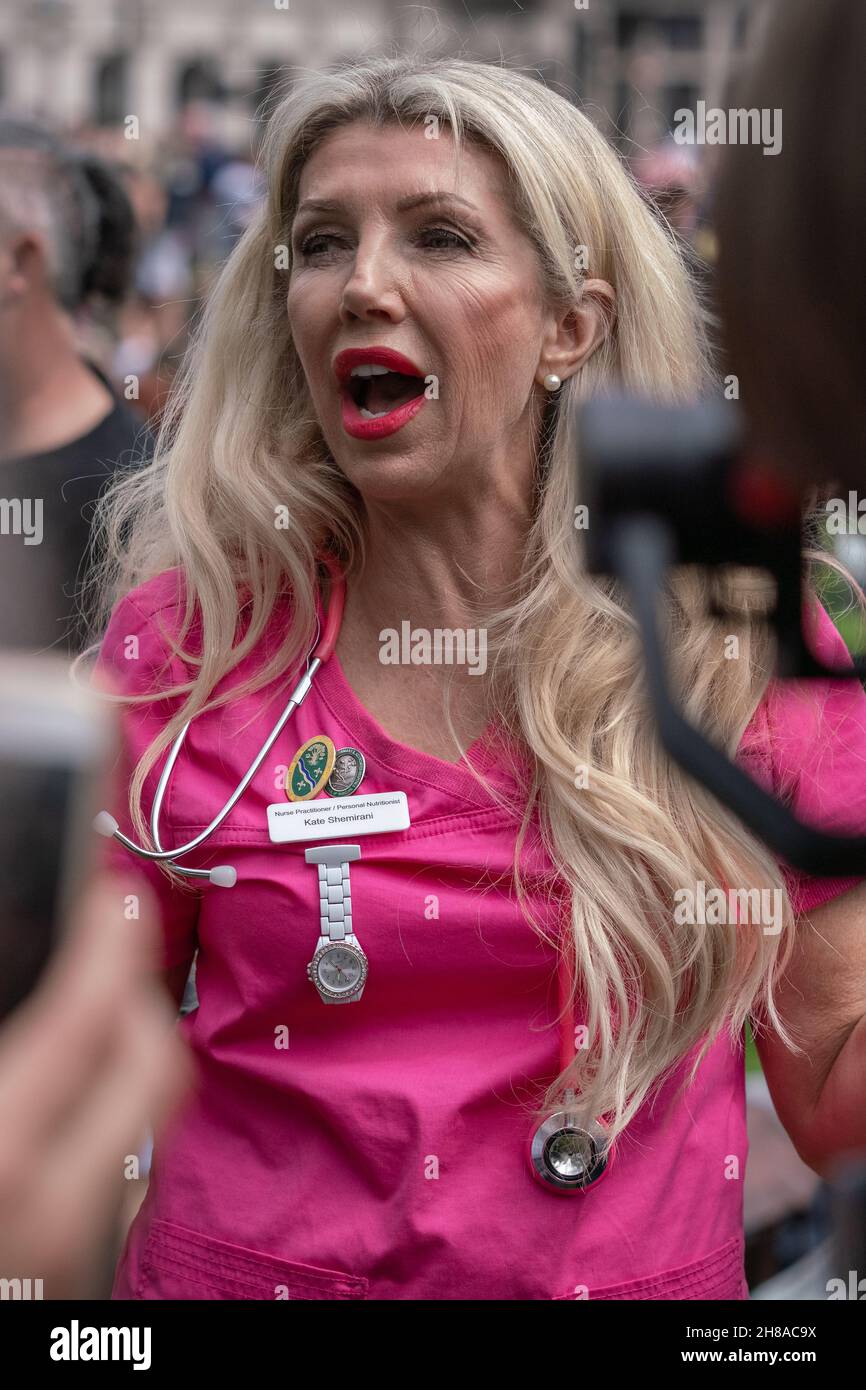 Kay Shemirani, former nurse and anti-vax conspiracy theorist, speaks to press during 'Kill The Bill Protest'. London, UK. Stock Photo