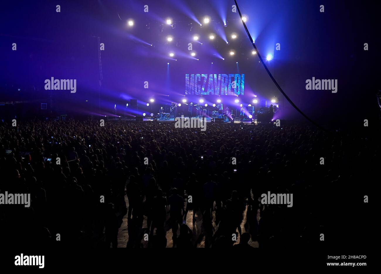 The Mgzavrebi band performs on stage in front of fans at a Moscow ...