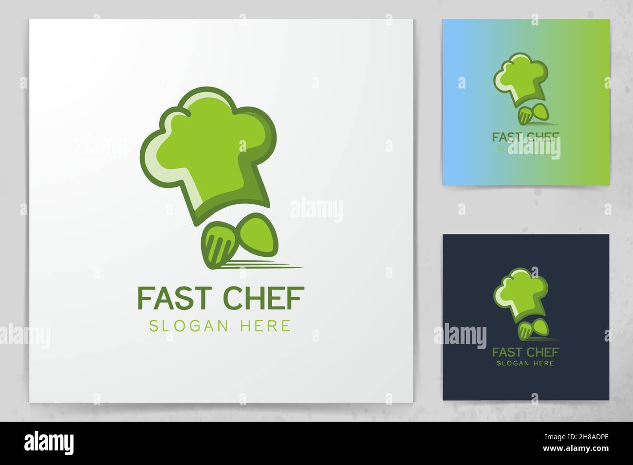 chef hat, spoon and fork fast delivery logo Stock Vector