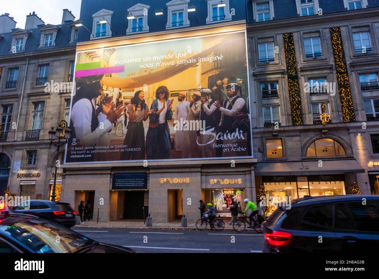 Paris, France, Street Scenes, Christmas in Paris, Rue Royale, Luxury Shops, Saudi Arabia Posters Billboards on Building Facades Stock Photo