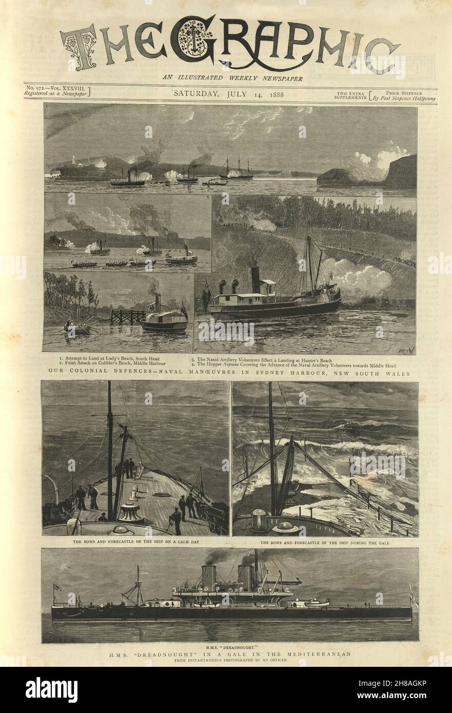 Naval manoeuvres in Sydney Harbour, New South Wales. HMS Dreadnought in a gale in the Mediterranean. Front page of the Graphic newspaper 1888 Stock Photo