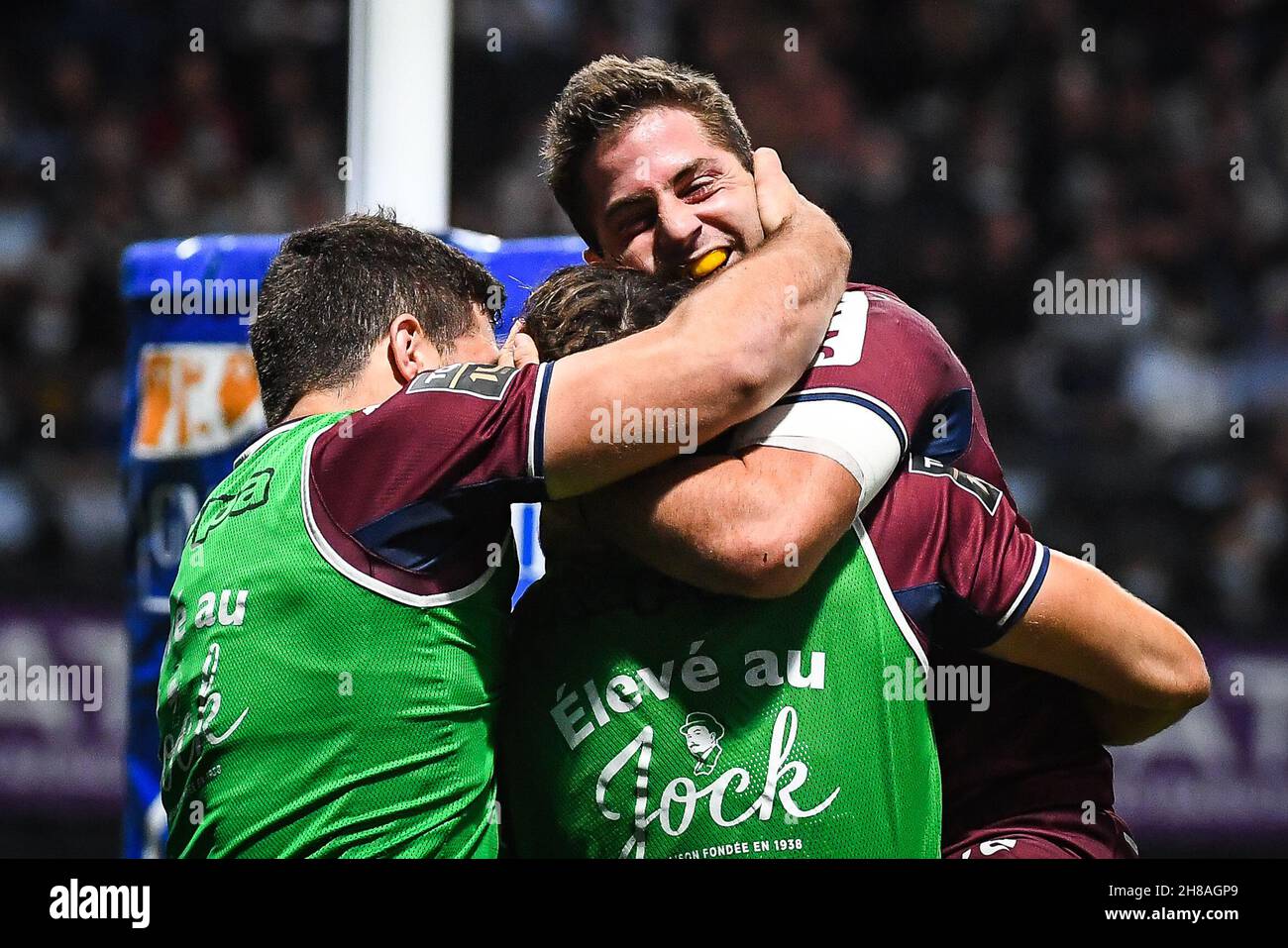 Santiago CORDERO POCIELLO-ARGERICH of Bordeaux celebrate his try with teammates during the French championship Top 14 rugby union match between Racing 92 and Union Bordeaux-Bègles on November 28, 2021 at Paris La Défense Arena in Nanterre, France - Photo Matthieu Mirville / DPPI Stock Photo