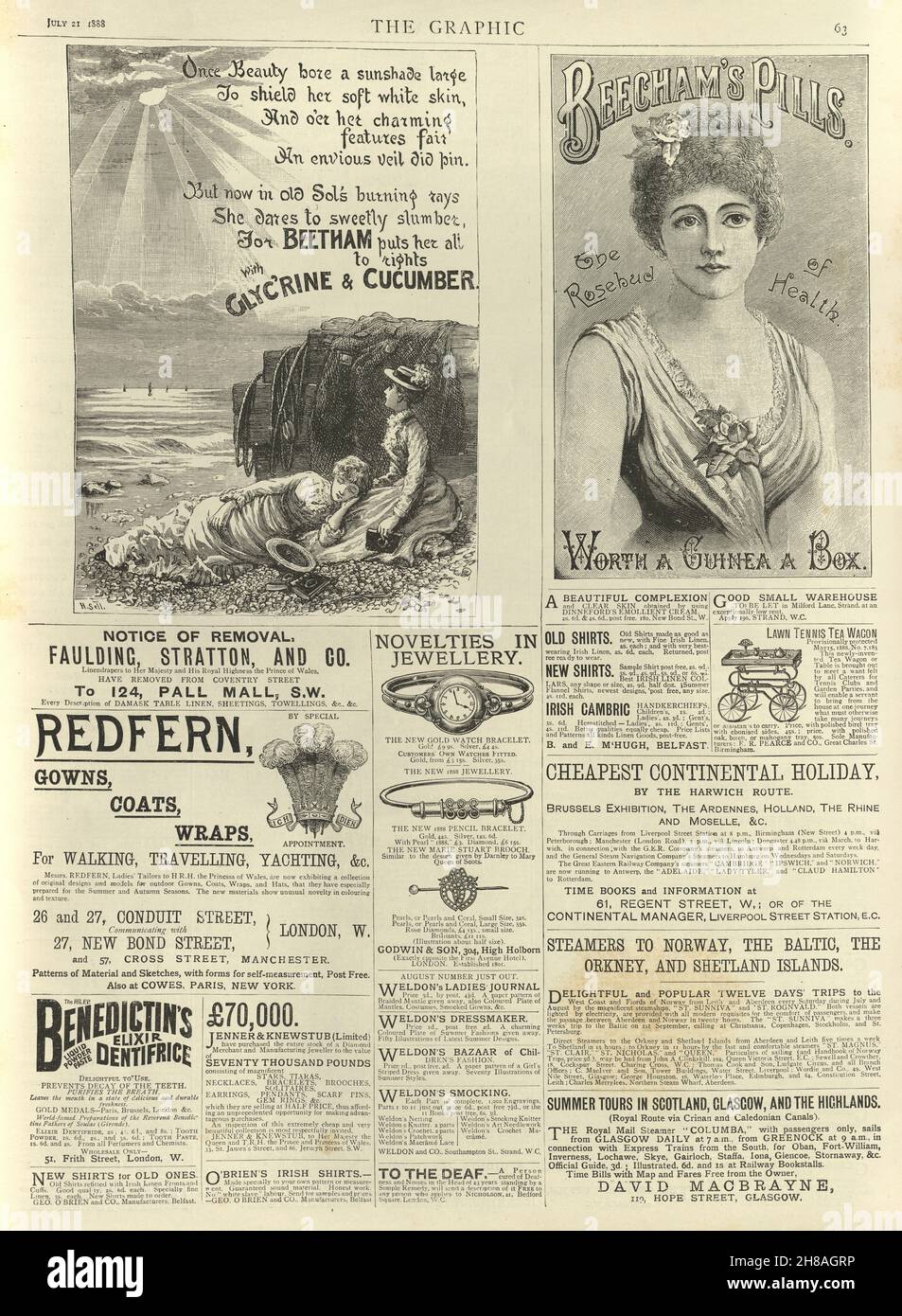 Page of Victorian newspaper adverts, Beecham's Pills, Glycrine and Cucumber, 1880s Stock Photo