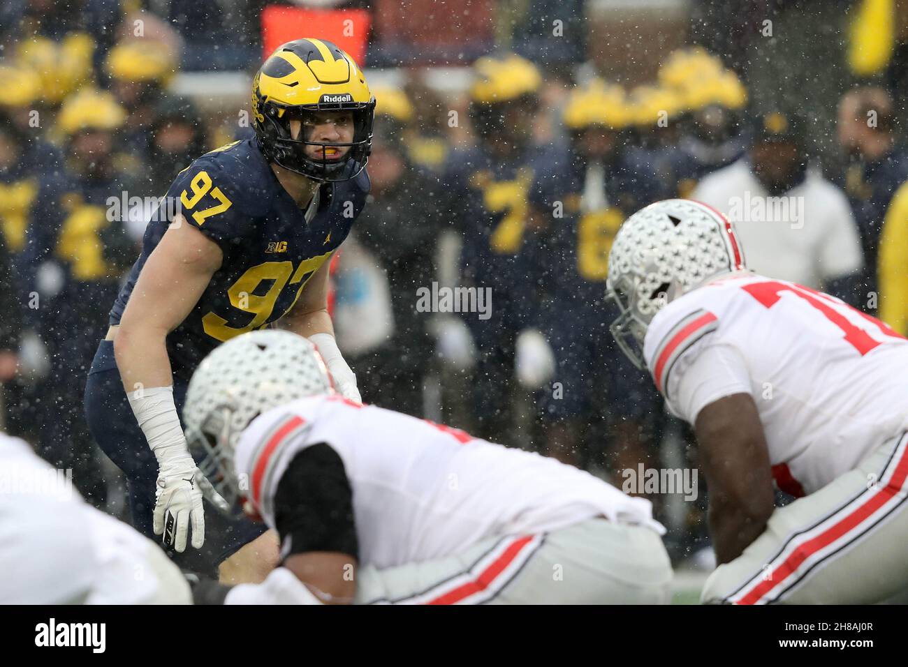 Ann Arbor, United States. 28th Nov, 2021. Michigan Wolverines Aiden Hutchinson (97) lines up against the Ohio State Buckeyes in Ann Arbor, Michigan on Saturday, November 27, 2021. Photo by Aaron Josefczyk/UPI Credit: UPI/Alamy Live News Stock Photo