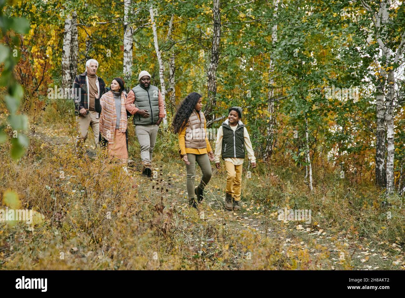 Large interracial family in casualwear interacting with each other while taking walk in autumn forest on weekend Stock Photo