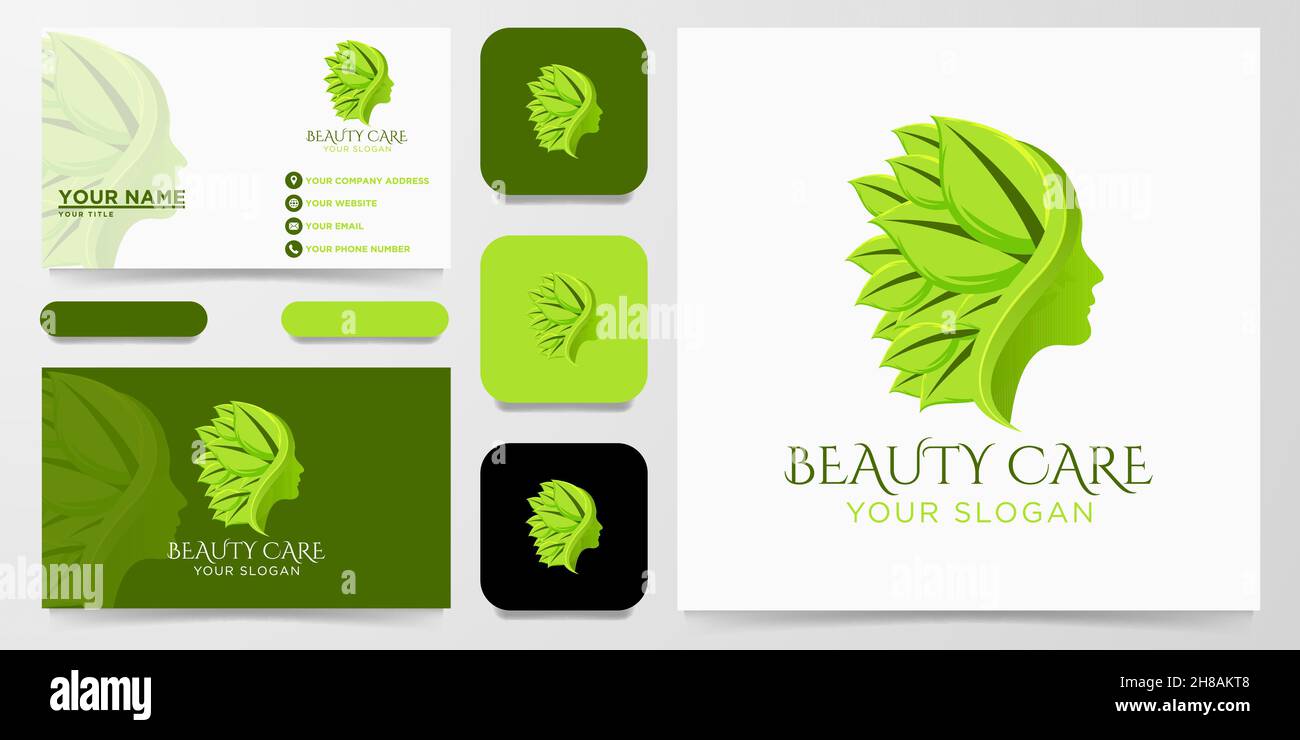 Beauty Care Woman Face, Nature Leaf Logo, Vector Illustration Stock Vector