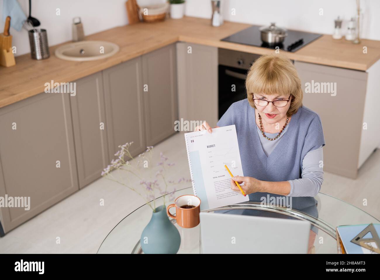 Blond confident mature female pointing at financial document while explaining it to audience during online lesson Stock Photo