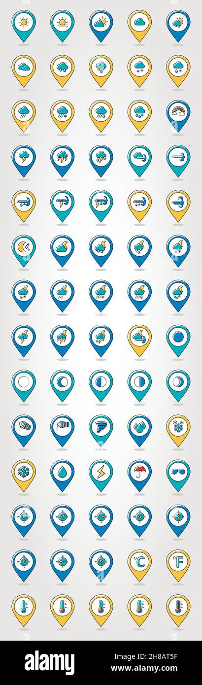 Meteorology Weather set pin map icon. Map pointer. Map markers, vector ...