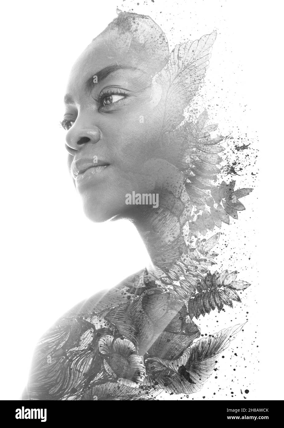A black and white profile portrait of a woman combined with an ink ...