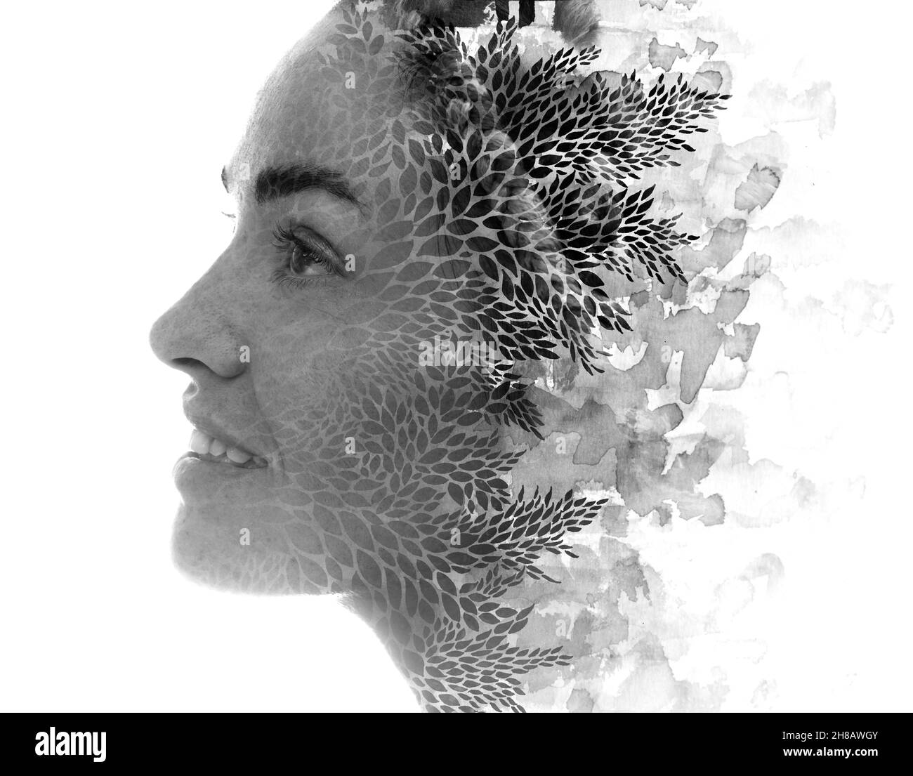 Face leaves double exposure Black and White Stock Photos & Images - Alamy