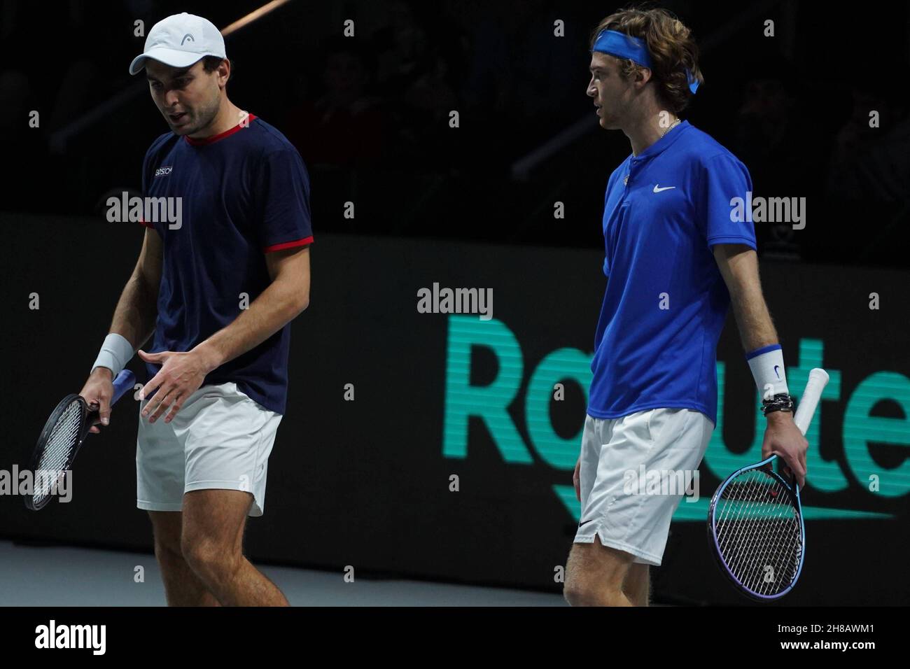 Madrid, Spain. 28th Nov, 2021. Davis Cup Finals group stage tennis match  between Spain and Rusia.Tennis match doubles Feliciano López and Marcel  Granollers vs Aslan Karatsev and Andrey Rublev at Madrid Arena.