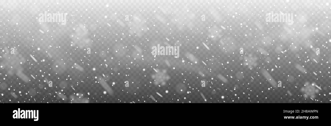Snow falling wide texture. Christmas snowflakes. Realistic heavy snowfall. Snowstorm with overlay effect. Defocused snow flakes. Vector illustration. Stock Vector