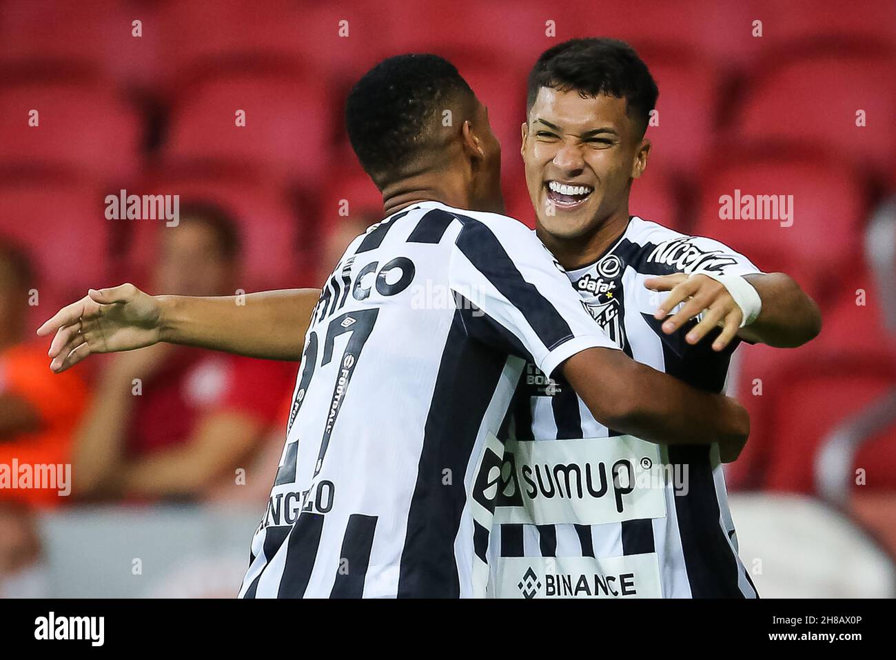 RS - Porto Alegre - 11/28/2021 - BRAZILIAN A 2021, INTERNATIONAL X SANTOS -  Marcos Leonardo Santos player celebrates his goal with Angelo, his team  player during a match against Internacional at