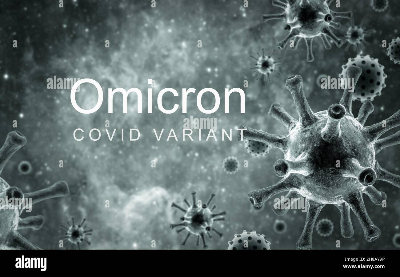 Omicron COVID-19 variant poster, 3d illustration. Microscopic view of coronavirus in cell. Concept of science virology, danger, vaccine research, coro Stock Photo