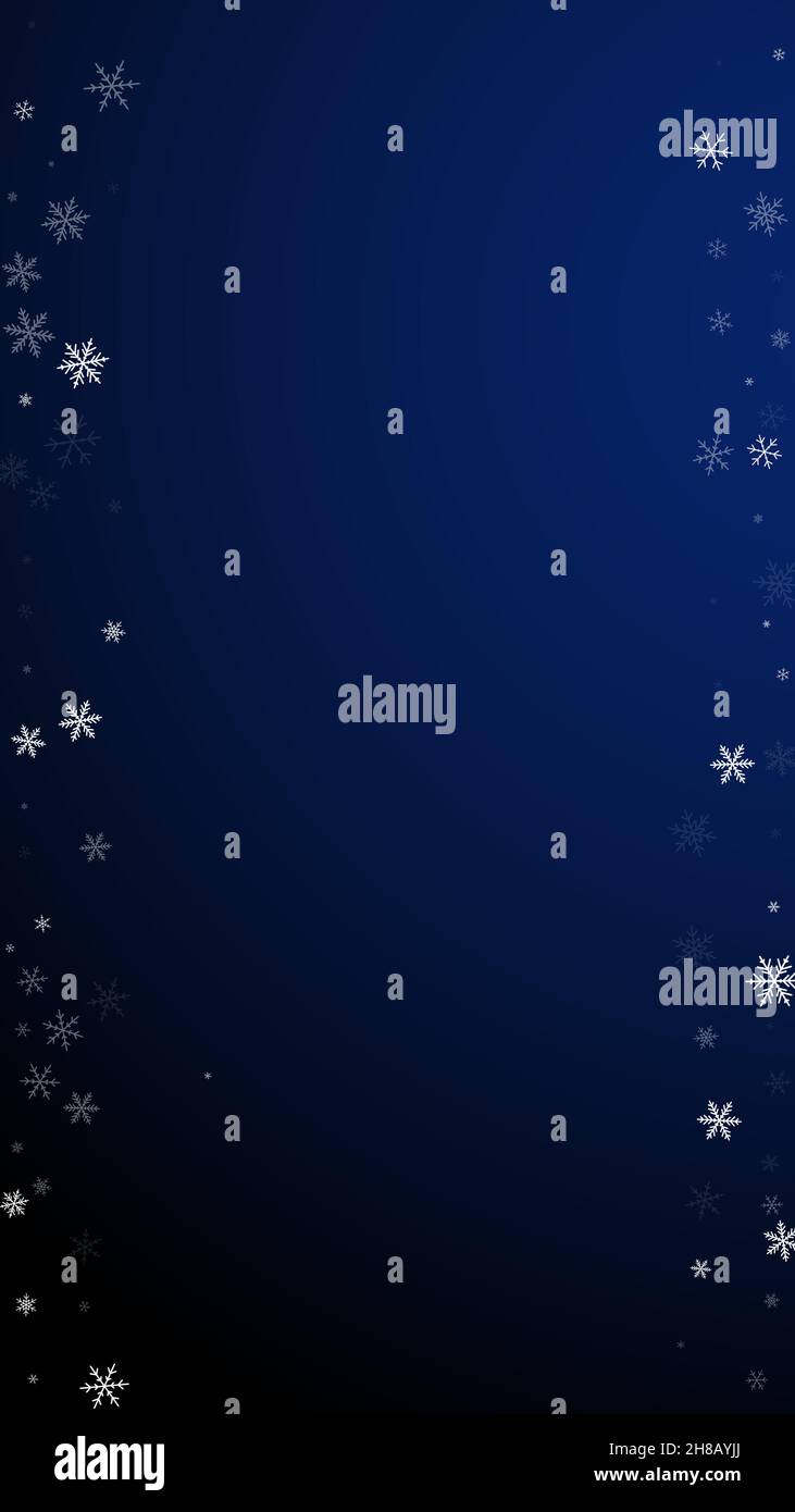 Sparse snowfall Christmas background. Subtle flying snow flakes and stars on dark blue background. Adorable winter silver snowflake overlay template. Stock Vector