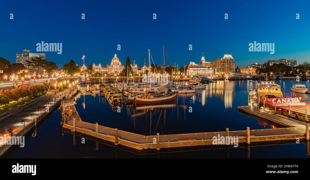 Beautiful inner harbour of Victoria night photo. Parliament legislature