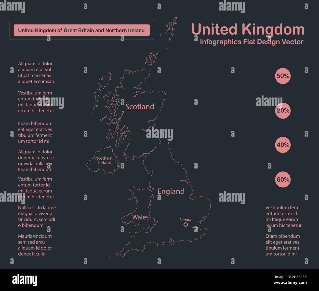 Infographics United Kingdom map outline, flat design, color blue orange vector Stock Vector