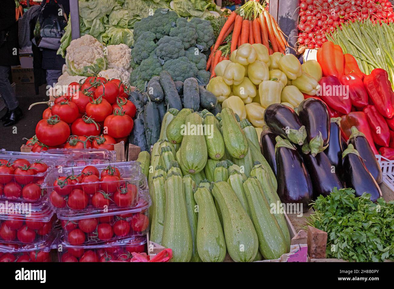 Fresh organic raw food vegetables pile sold on market stall Stock Photo ...
