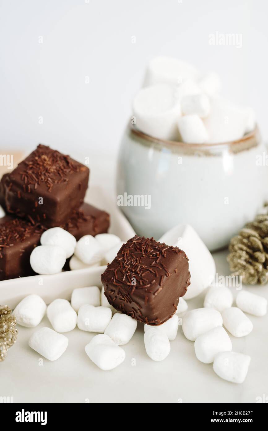Dark Chocolate Petit Fours on White Background with Marshmallows, Mug Vertical Stock Photo