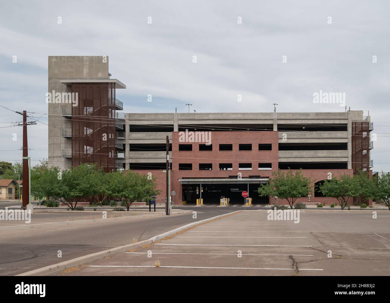 Empty parking garage and parking lot in city Stock Photo