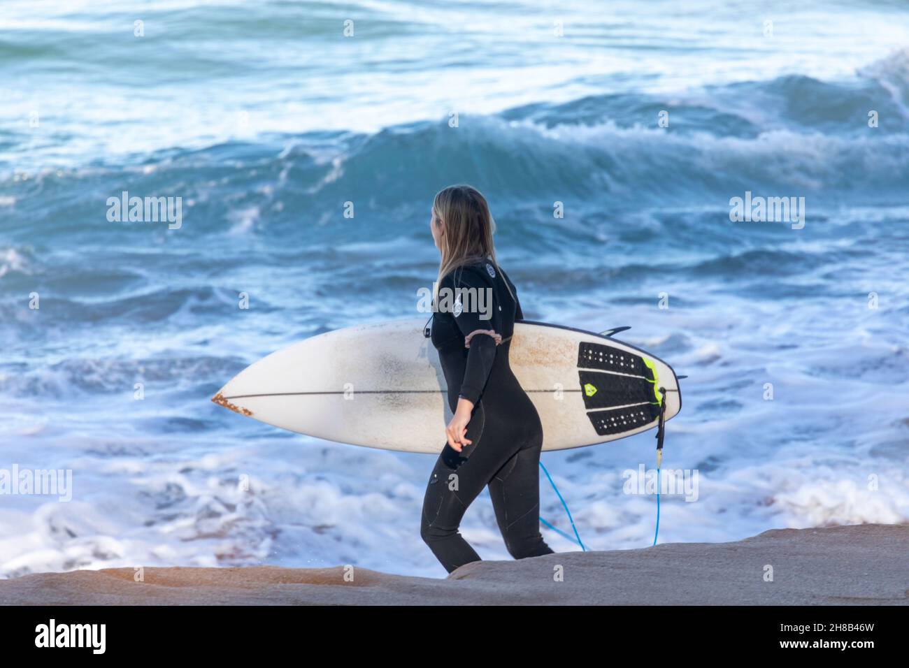 Australian teenage girl in wetsuit carries surfboard surfing at a