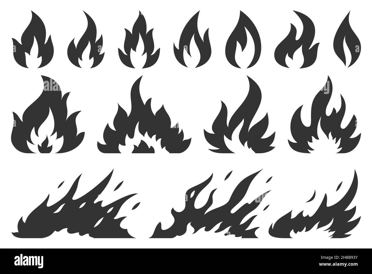 Fire bonfire ignition flames black silhouette set. Stamp flame energy fiery explosion hot outline warning symbols. Collection sign icon danger ignition object forest fires flammable isolated on white Stock Vector