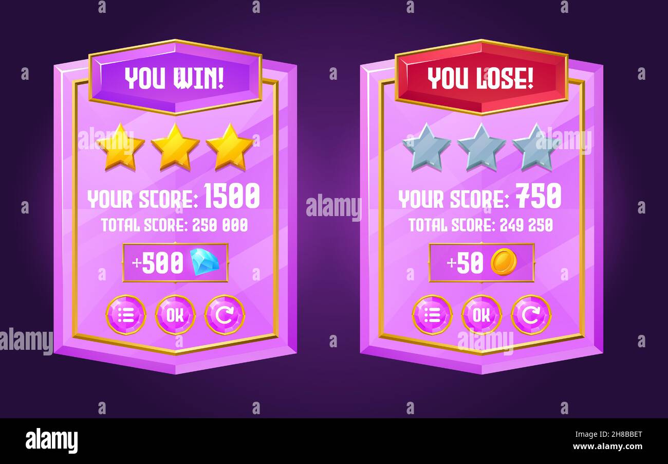 Game ui interface boards with level score, win and lose banners from purple crystal with golden frame. Vector cartoon set of gui elements, complete and failed level screens with gold stars and buttons Stock Vector