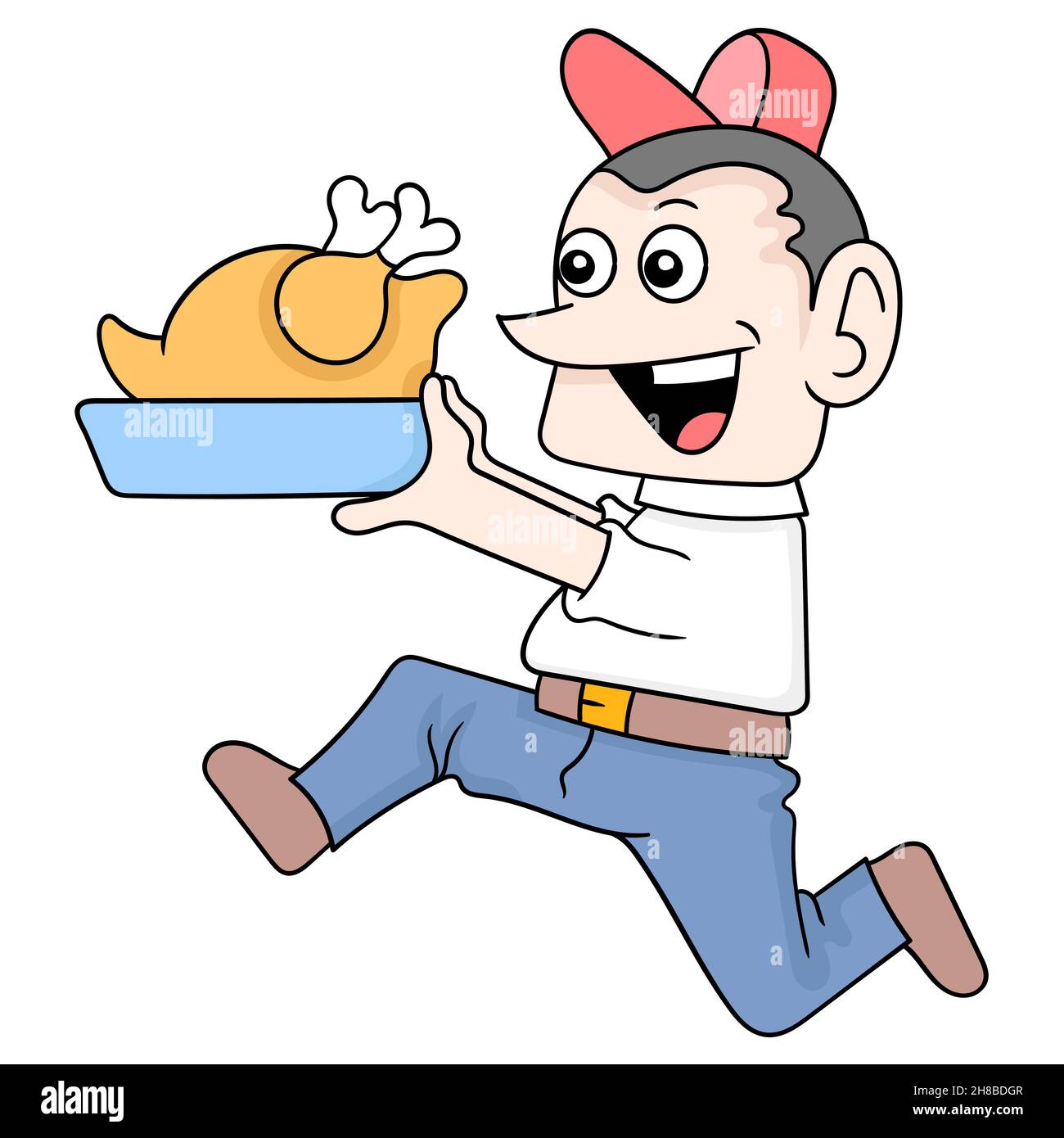 male waiter running around serving delicious grilled chicken, vector illustration art. doodle icon image kawaii. Stock Vector