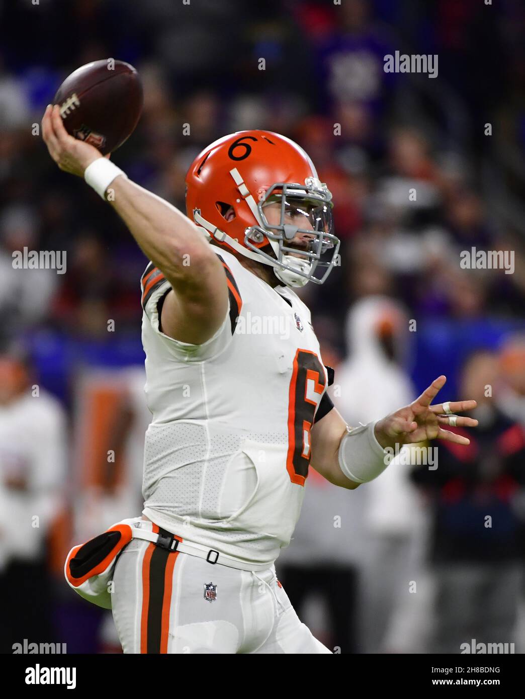 Cleveland Browns quarterback Baker Mayfield (6) attempts a two-point  conversion as Kansas City Chiefs defensive end Allen Bailey (97) makes the  tackle during the second half of an NFL football gam …