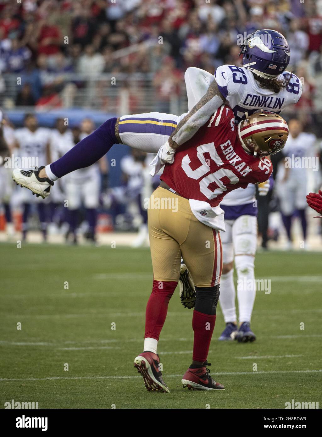 Minnesota Vikings tight end Tyler Conklin (83) runs the ball against the  Detroit Lions during an NFL football game, Sunday, Dec. 5, 2021, in  Detroit. (AP Photo/Rick Osentoski Stock Photo - Alamy